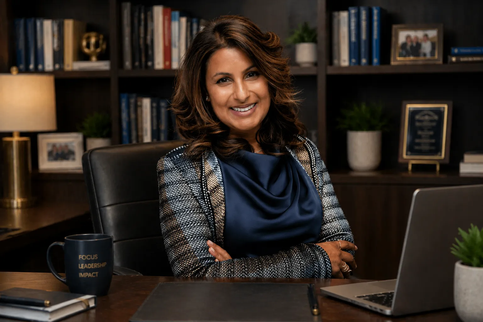 A woman in a tweed blazer sits arms-crossed at a dark wood desk, smiling at the camera, with a bookshelf and a mug reading 'Focus Leadership Impact' behind her.