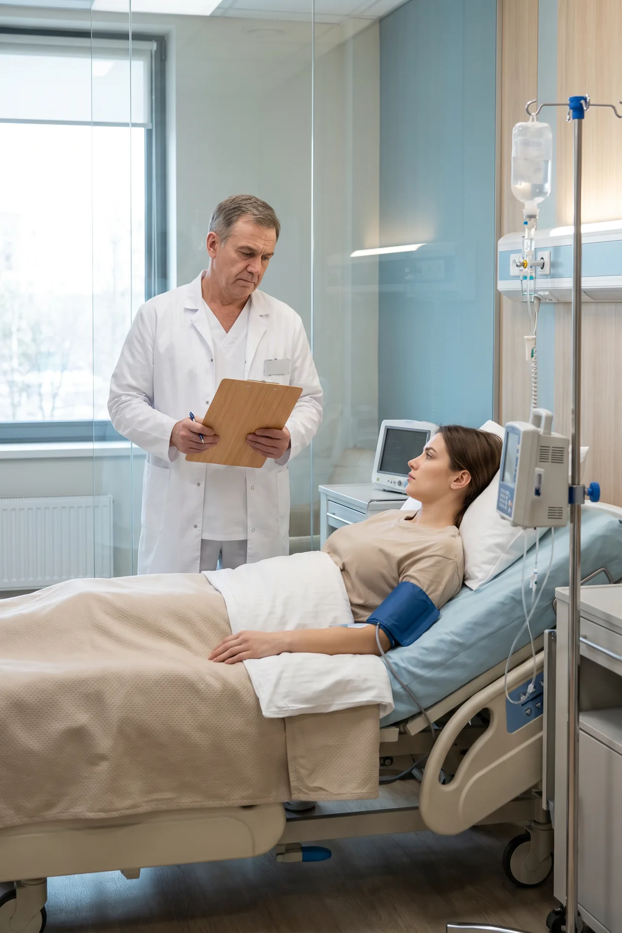 A doctor holding a clipboard stands beside a woman lying in a hospital bed with a blood pressure cuff on her arm and an IV drip nearby.